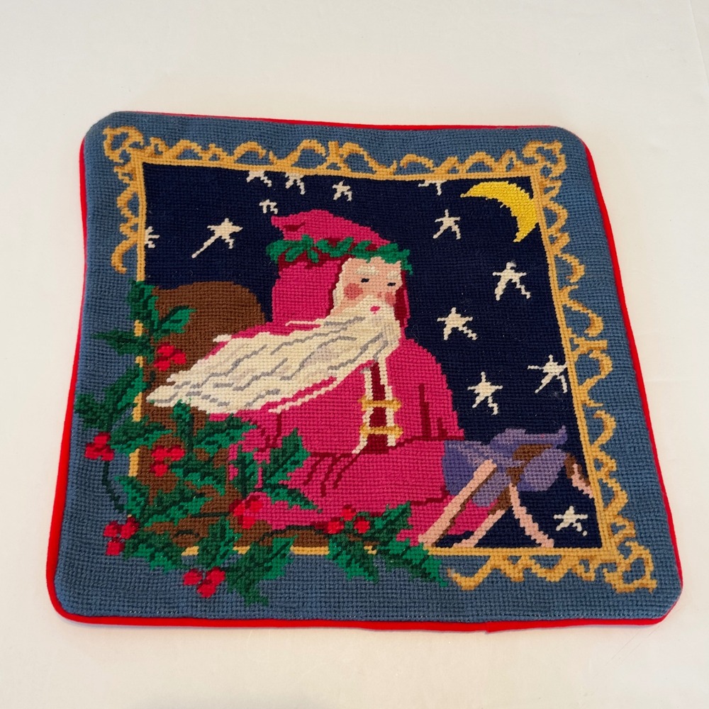 Vintage 1994 Needlepoint Christmas Santa Claus Pillow Cover Starry Night 14x14
